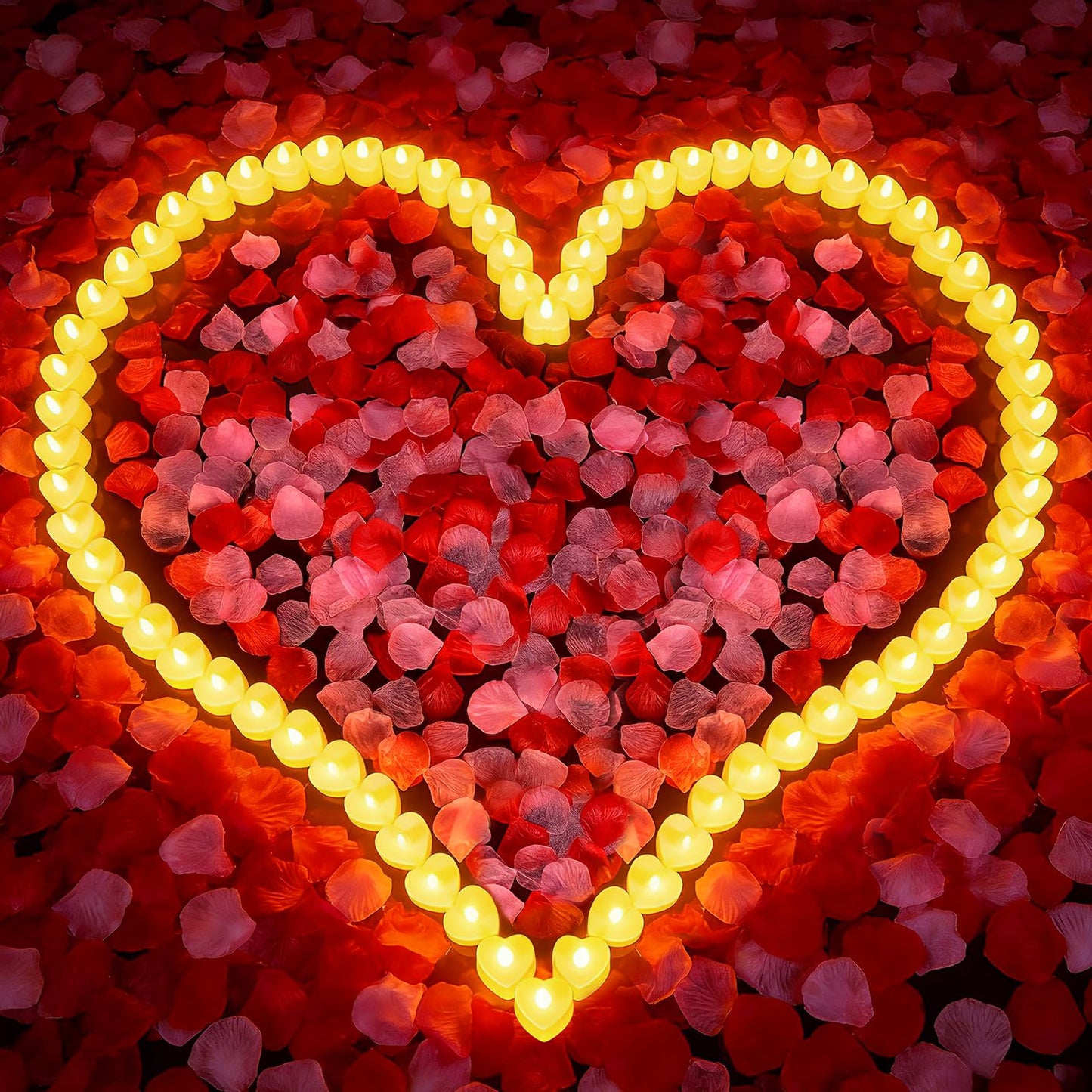 Chanceboleng 8000Pcs Rose Petals with 72Pcs Flameless LED Tea Lights Candles Valentine's Day Romantic Decorations Special Night Set for Night Wedding Anniversary or Table Décor, Warm Yellow