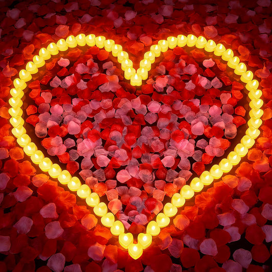 Chanceboleng 8000Pcs Rose Petals with 72Pcs Flameless LED Tea Lights Candles Valentine's Day Romantic Decorations Special Night Set for Night Wedding Anniversary or Table Décor, Warm Yellow