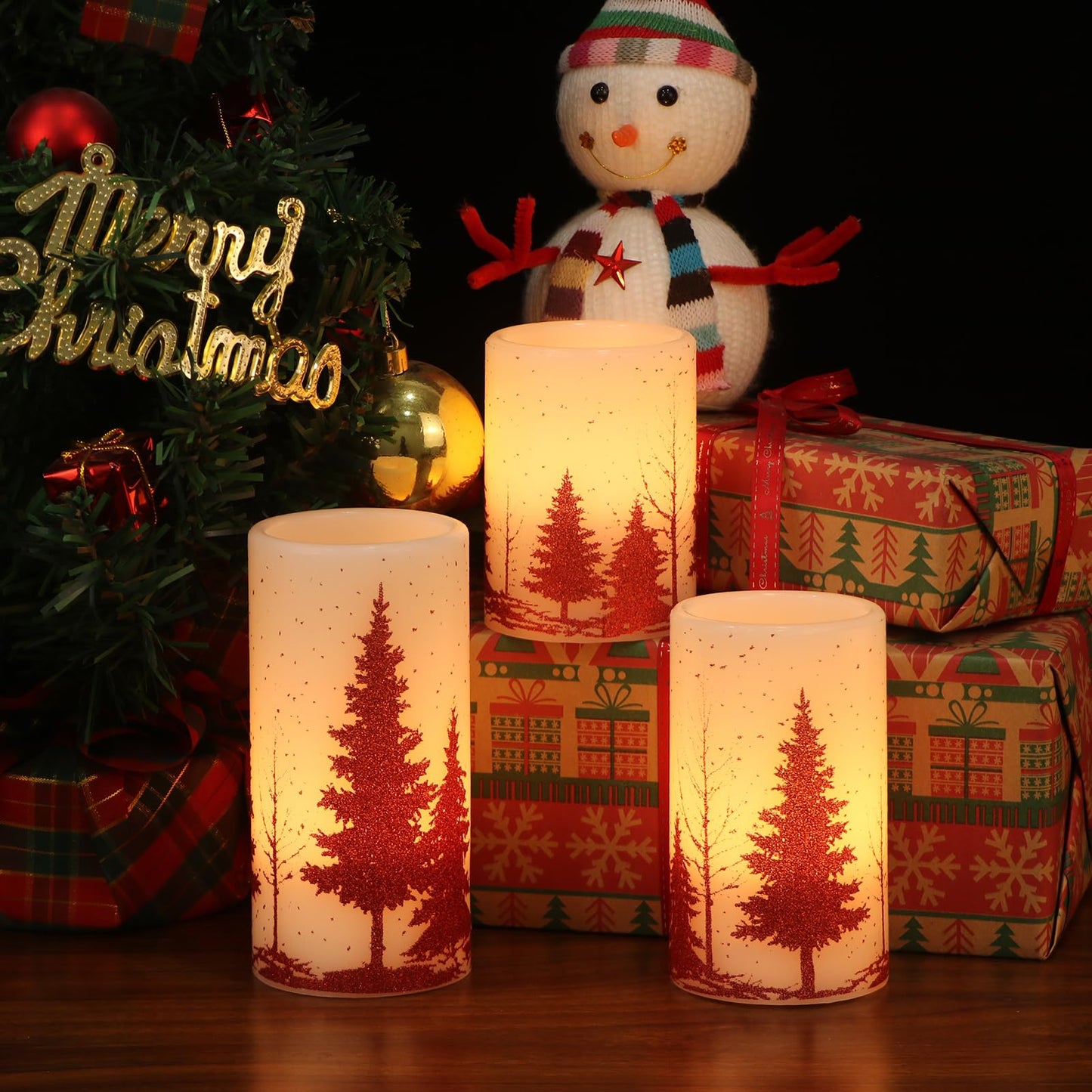 Eldnacele Christmas Flickering Flameless Candles with 6 Hour Timer, Red Christmas Tree Decal Battery Operated Real Wax LED Pillar Candles Home Tabletop Holiday Decor(3Pcs,3×4/5/6 Inches)