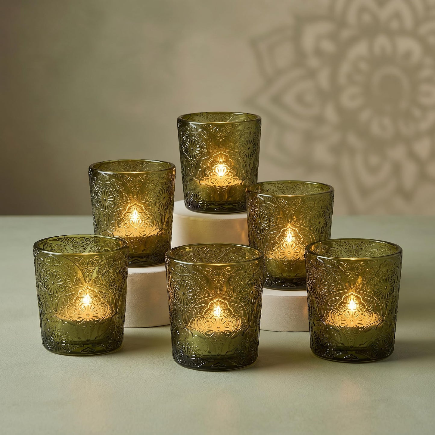 6 Pack Mandala Embossed Glass Candle Holders – Votive Tealight Holders with Patent Design, Decorative Embossed Glass Cups for Wedding Centerpieces, Parties, and Home Décor (Moss Green)