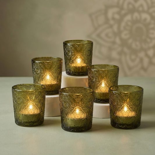 6 Pack Mandala Embossed Glass Candle Holders – Votive Tealight Holders with Patent Design, Decorative Embossed Glass Cups for Wedding Centerpieces, Parties, and Home Décor (Moss Green)