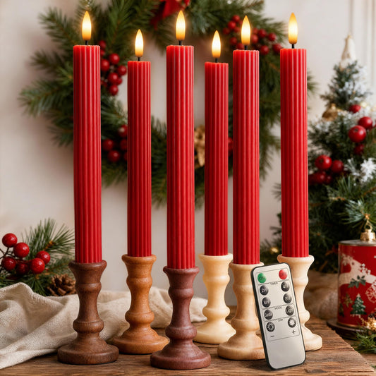 West Ivory 12 Pack, 10" LED Flameless Red Fluted Ribbed Grooved Taper Candles, Remote & 24h Timer Memory, On/Off Button, Dimmable, Flicker Mode, Battery Operated, Christmas Menorah Wedding