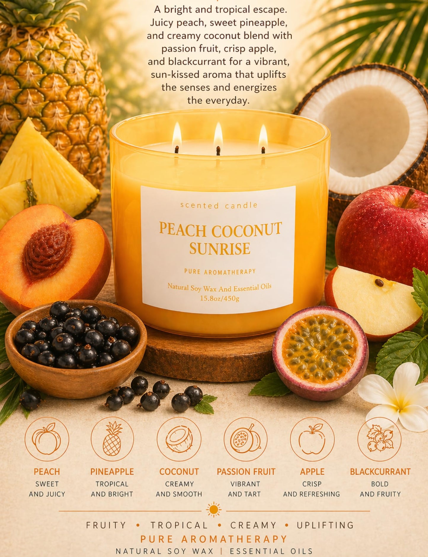 Peach Coconut Sunrise 3-Wick Soy Candle | 15.8 oz Large Aromatherapy Candle for Home | Clean Burn Long Lasting | Tropical Fruit Scent | Gift Ready