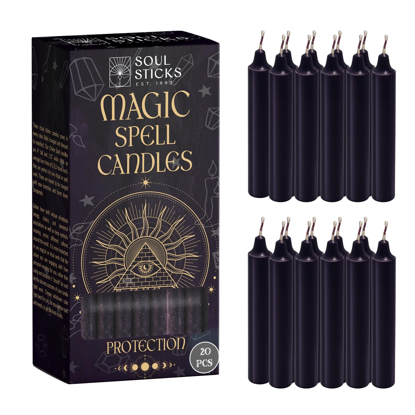 SOUL STICKS Protection Magic Spell Chime Taper Candles Deep Purple 20 Pack - Colored Unscented Chime Candles for Altar, Rituals, Ceremonies, Meditation Witchcraft Supplies, Wiccan, Candles Clearance
