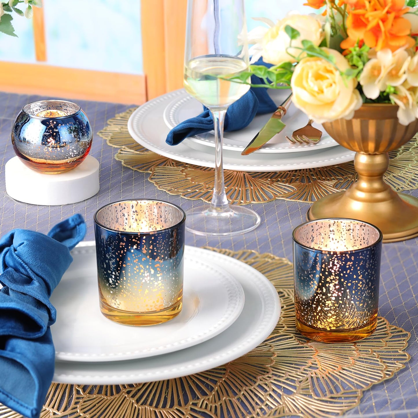 Volens 30pcs Assorted Navy Votive Candle Holders Bulk, Large Mercury Glass Votive for Wedding Table Centerpieces, Navy and Gold Themed Party Decorations and Home Decor