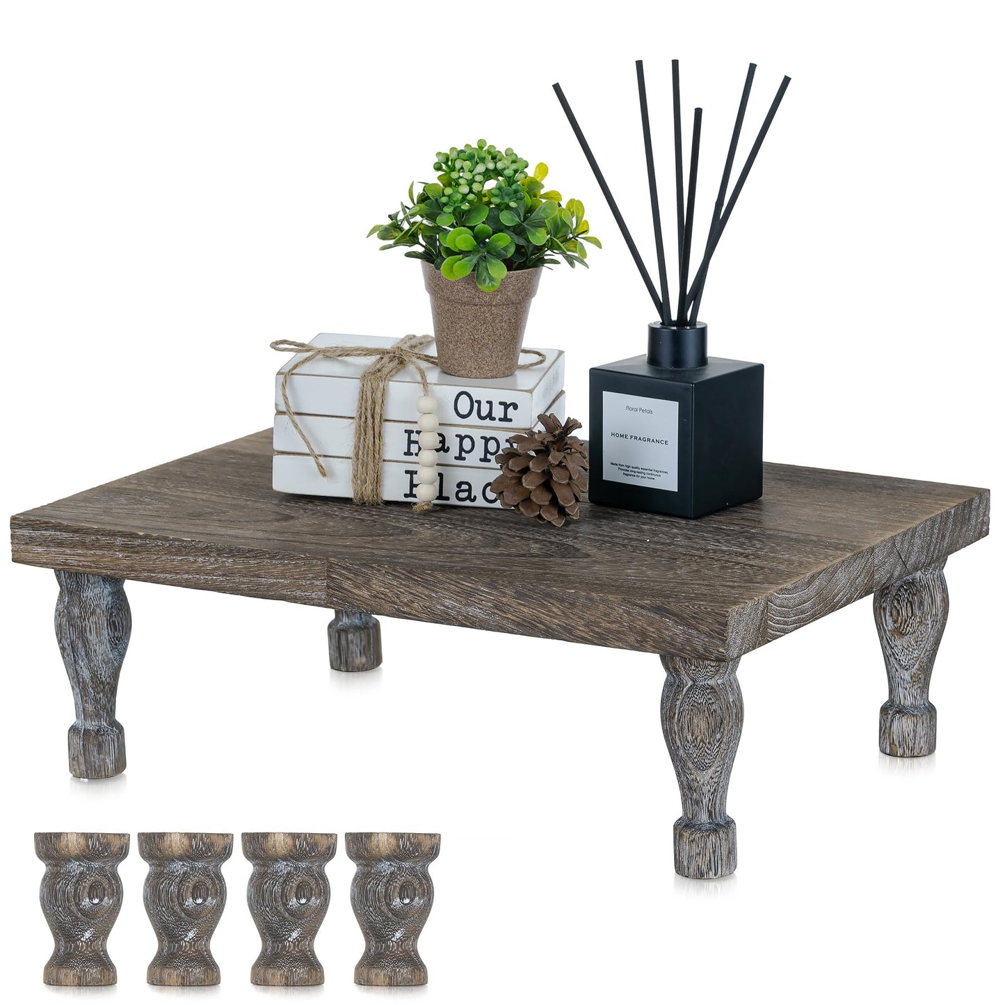 Hanobe Wooden Riser Decorative Tray: Farmhouse Wood Pedestal Display Stand - Rustic Brown Coffee Table Decor for Kitchen Dining Home Decor, Short & Tall Footed