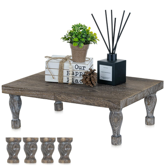 Hanobe Wooden Riser Decorative Tray: Farmhouse Wood Pedestal Display Stand - Rustic Brown Coffee Table Decor for Kitchen Dining Home Decor, Short & Tall Footed