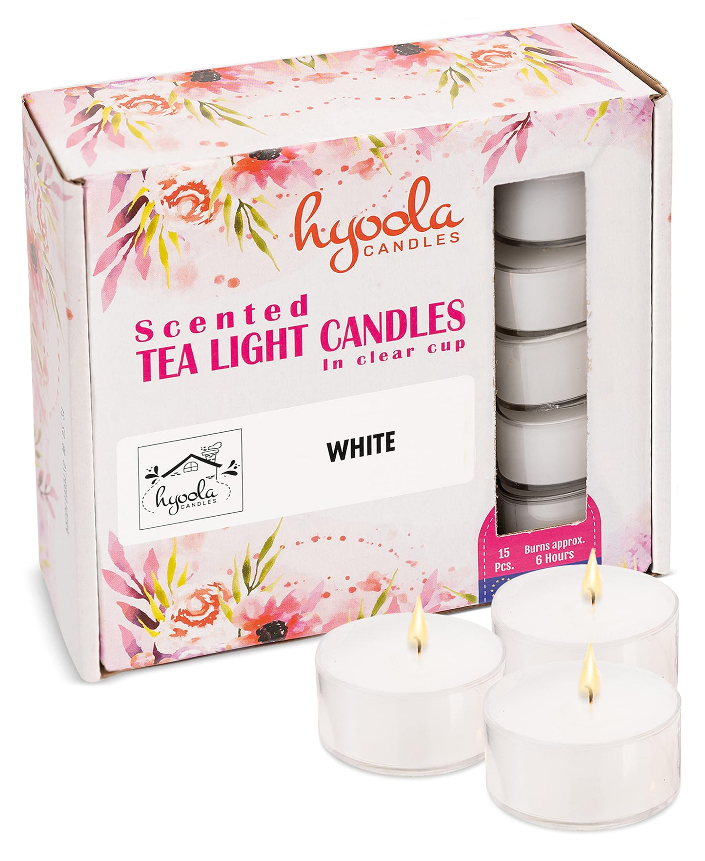 HYOOLA Scented Tealight Candles - Clear Cup - White Tealight Candles Scented - 6 Hour Burn Time - 15 Pack - European Made