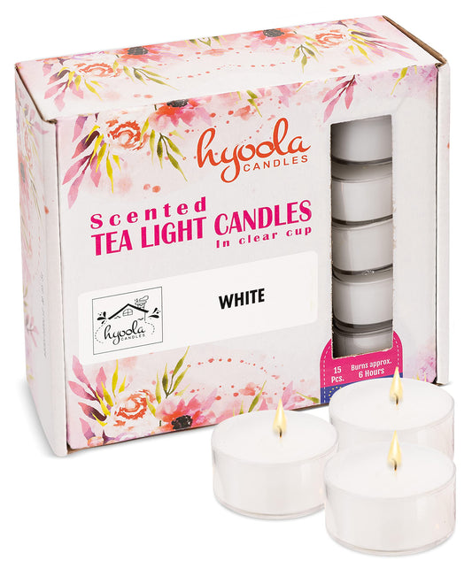 HYOOLA Scented Tealight Candles - Clear Cup - White Tealight Candles Scented - 6 Hour Burn Time - 15 Pack - European Made