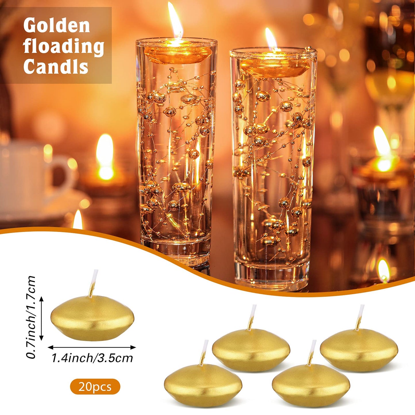Nuanchu 20 Pcs Mini Floating Candles Small Floating Unscented Candles Round Tea Lights Disc Smooth Wax for Pool Bathtub Dinner Wedding Home Favors(0.7 x 1.4 in,Gold)