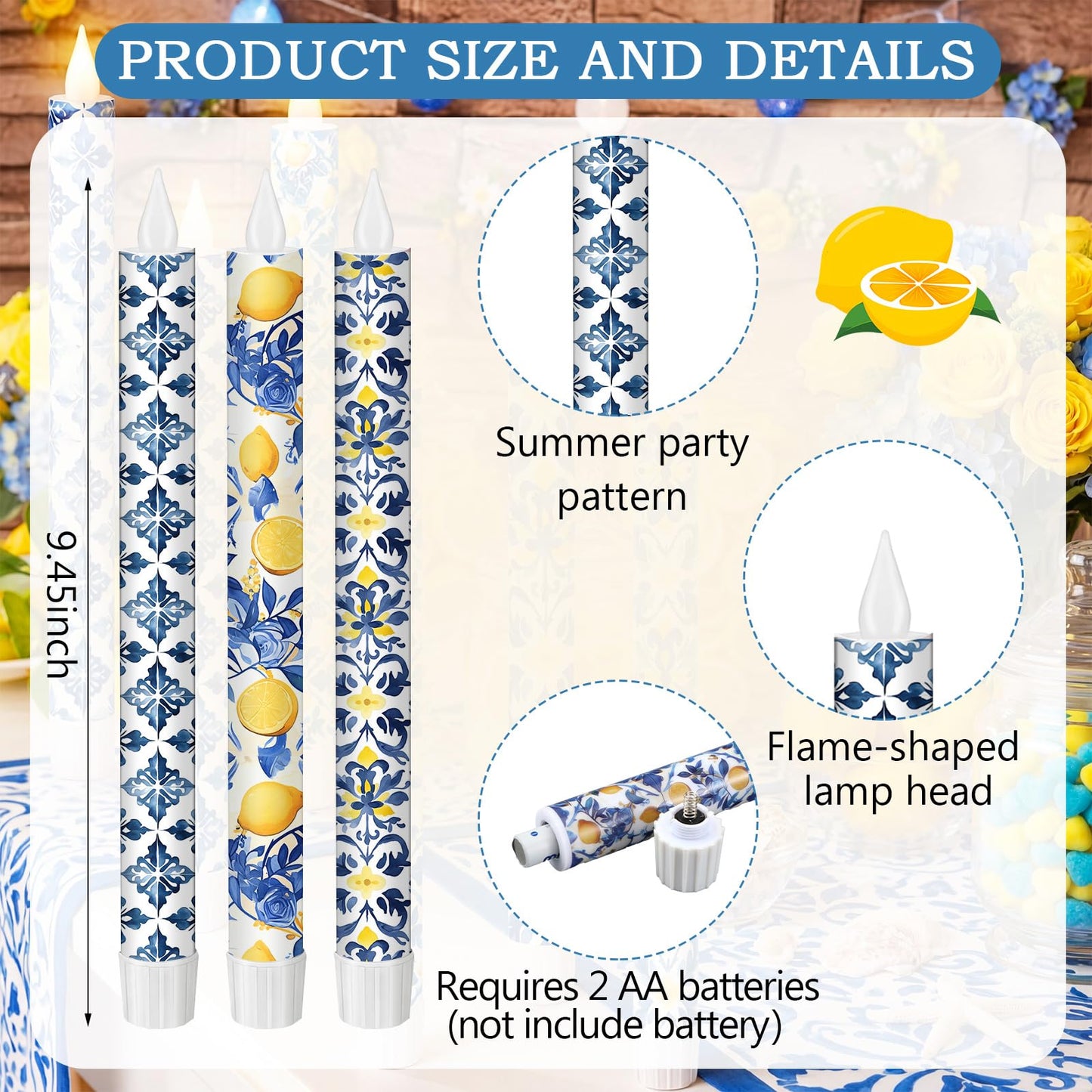 Lyrow 6 Pcs Flameless Taper Candles with Hydrangea Gingham 11 Inch Real Wax LED Candles Flickering Battery Operated Candlesticks for Wedding Anniversary Summer Gifts