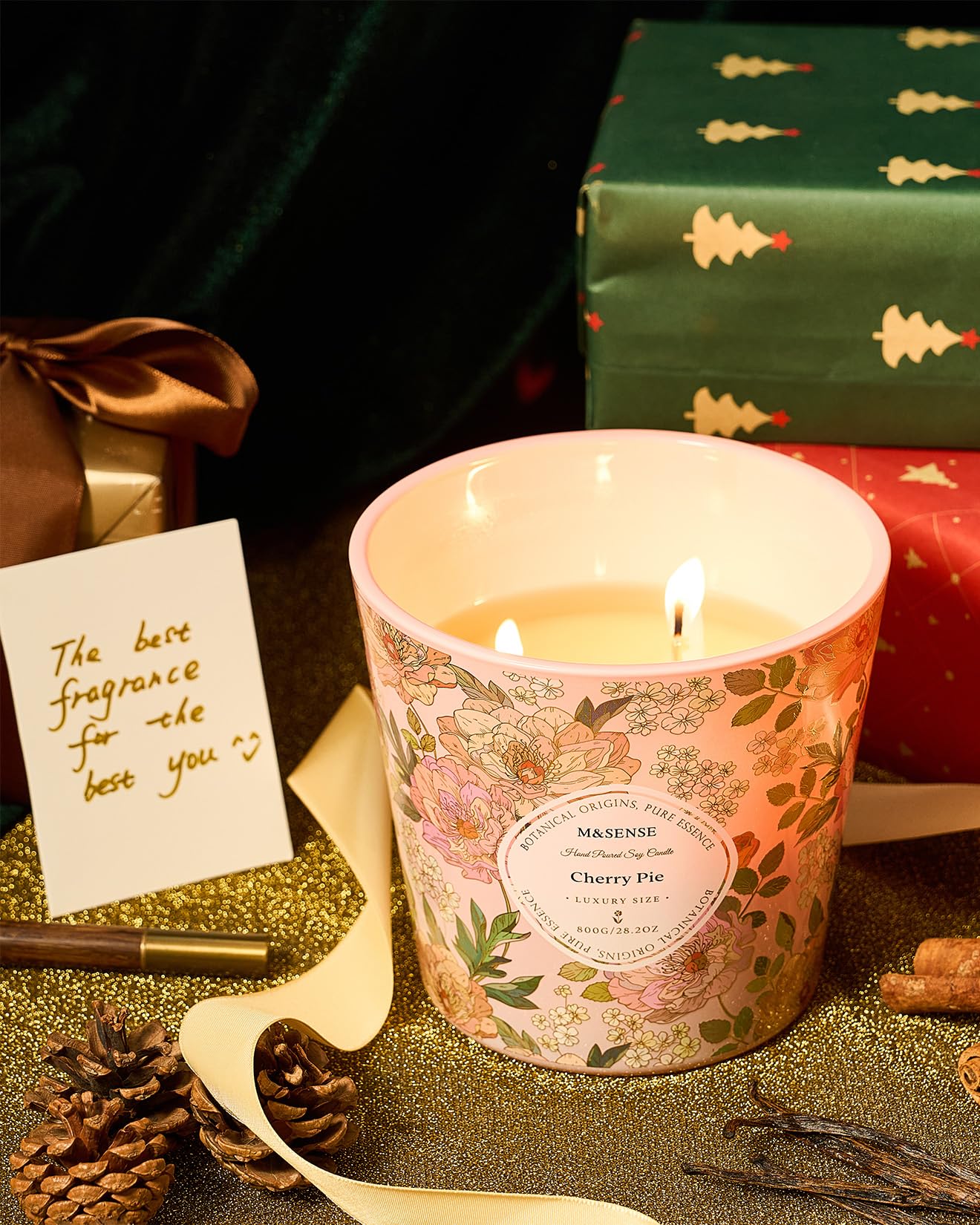 M&SENSE Cherry Pie Scented Candle, 28.2oz 3 Wick Natural Soy Wax Large Candles, Long Lasting Clean Slow Burning No Toxic Décor for Home Relaxation, Romantic Dates & Gift-Giving