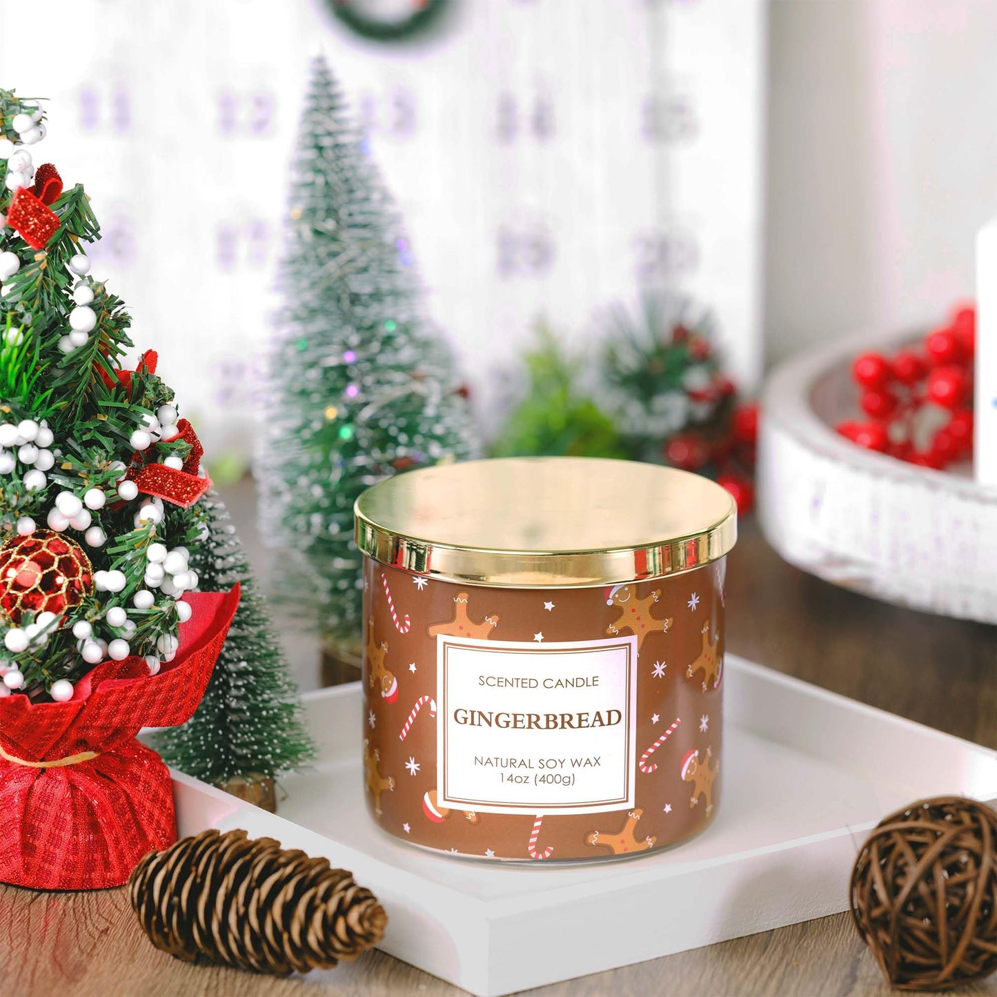 Christmas Candle, Christmas Gingerbread Candles, Candle Gifts for Women Xmas Decorations, Large 3 Wicks Scented Candle for Xmas, 14 oz Soy Wax Candle