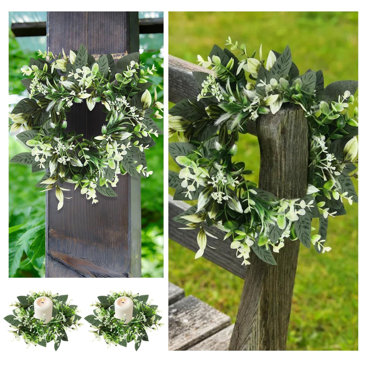 4 Pcs Eucalyptus Candle Ring 4 Inch Center Mini Kitchen Cabinet Wreaths Artificial Small Green Leaves Wreaths Garland Pillar Holder for Home Door Window Farmhouse Wedding Party Table Centerpiece Decor