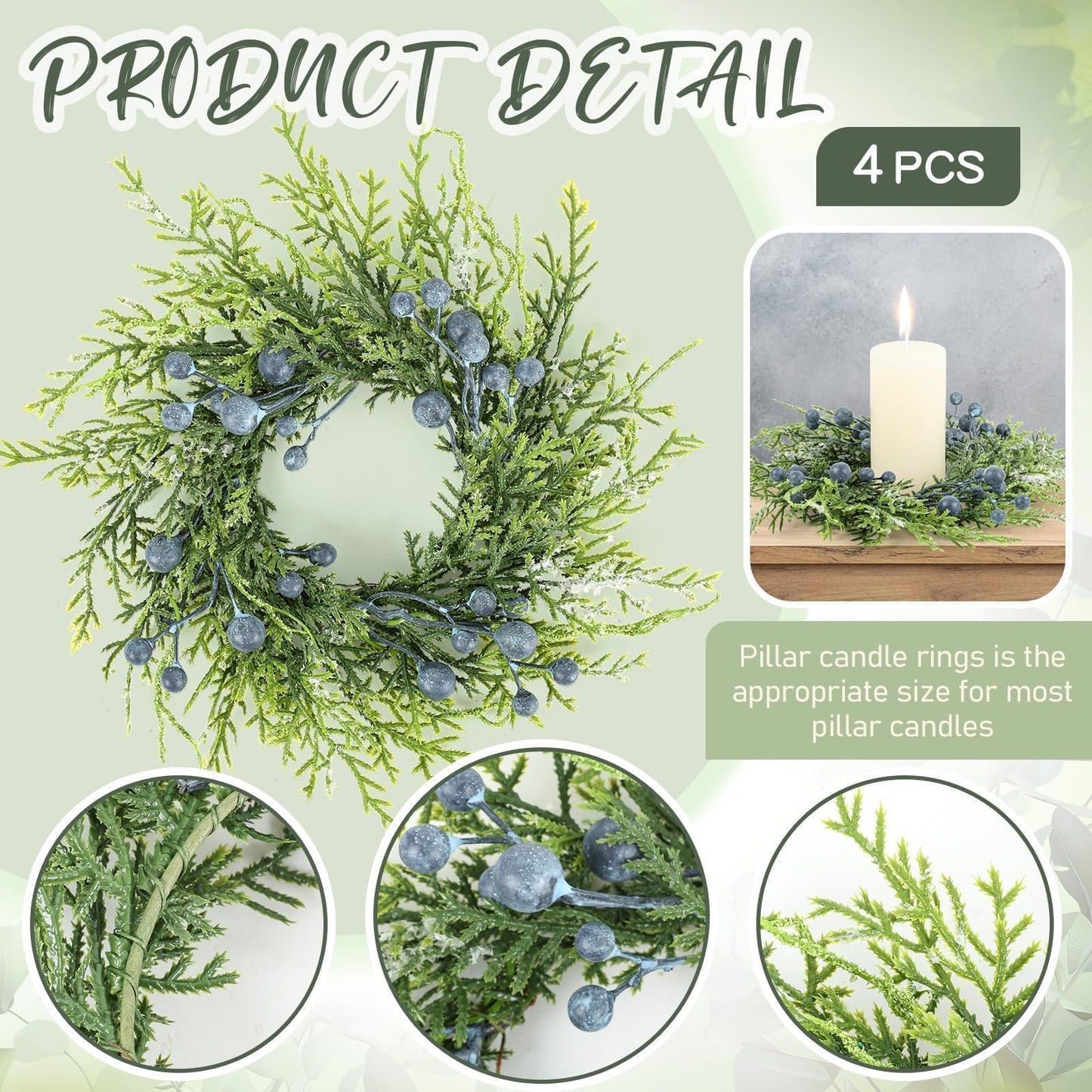 4 Pcs 3” Blueberry Candle Rings Spring Wreaths Mini Berries Table Centerpieces Wreaths Farmhouse Green Small Wreath for Pillars Kitchen Cabinet Front Door Porch Wall Decoration