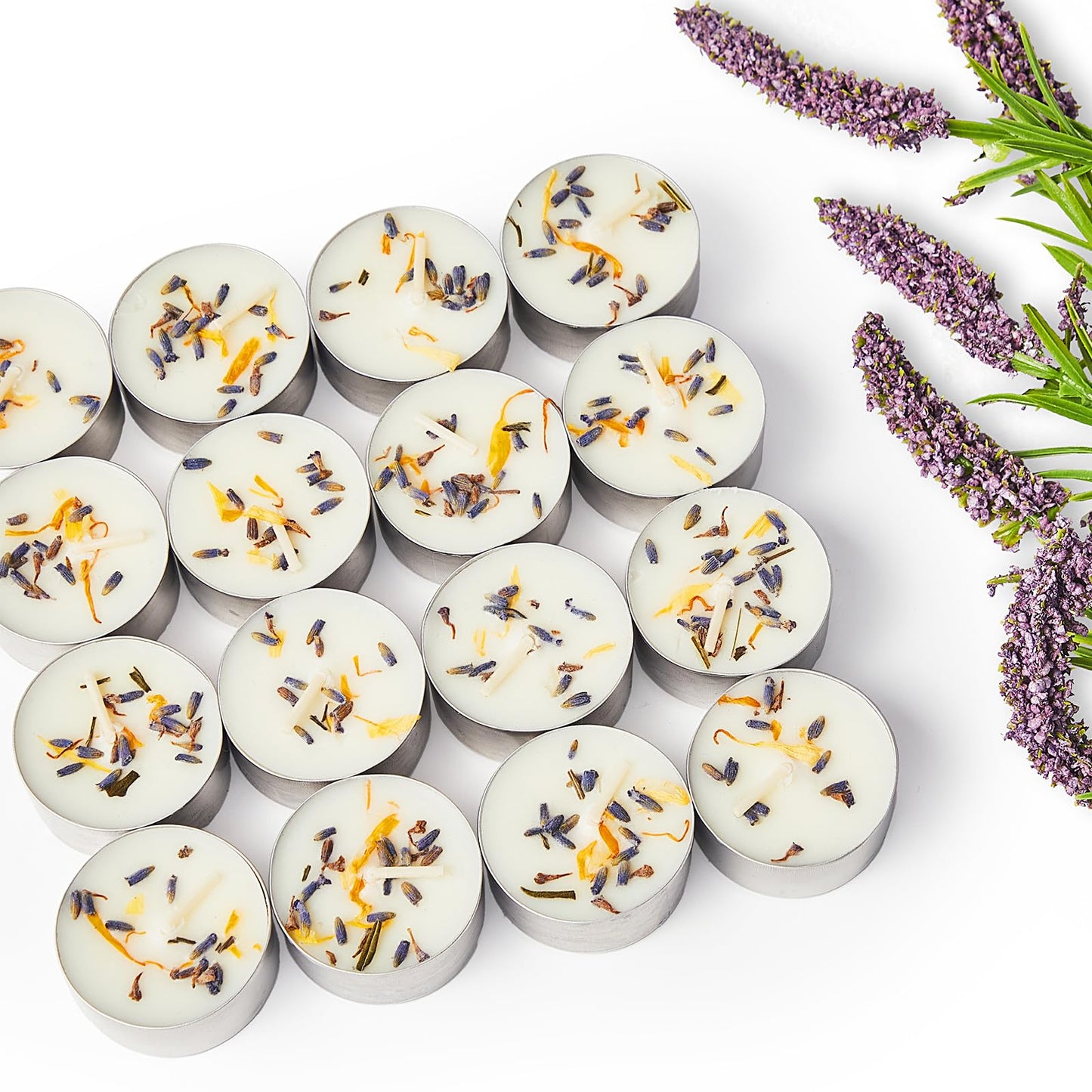 16 Pack Lavender Tealight Candles with Real Dried Petals, Natural Soy Wax, 6-Hour Burn Time for Home, Wedding, Bath Decor