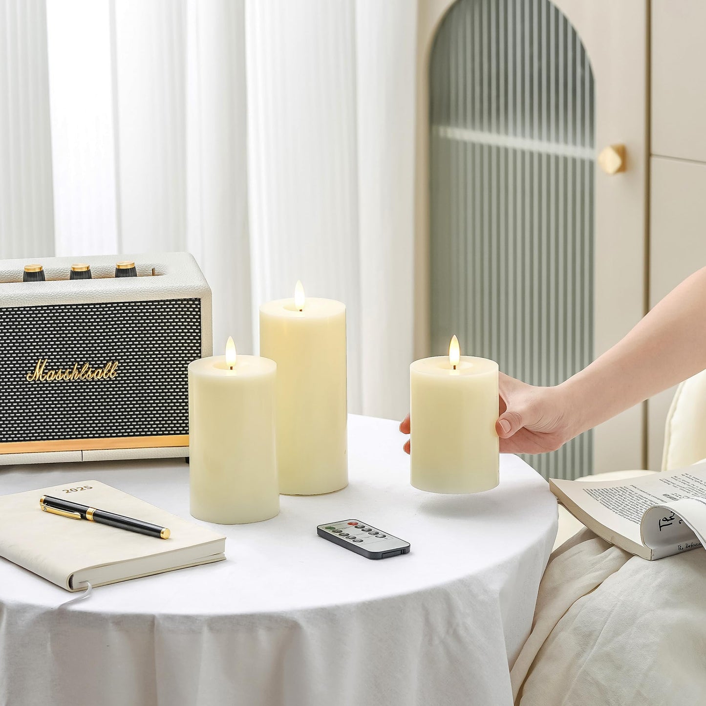Stmarry Ivory Flameless Candles with Remote and Timer, Real Wax Made LED Pillar Candles Battery Operated with 3D Flickering Flame - 3" x 4",5",6" - Set of 3