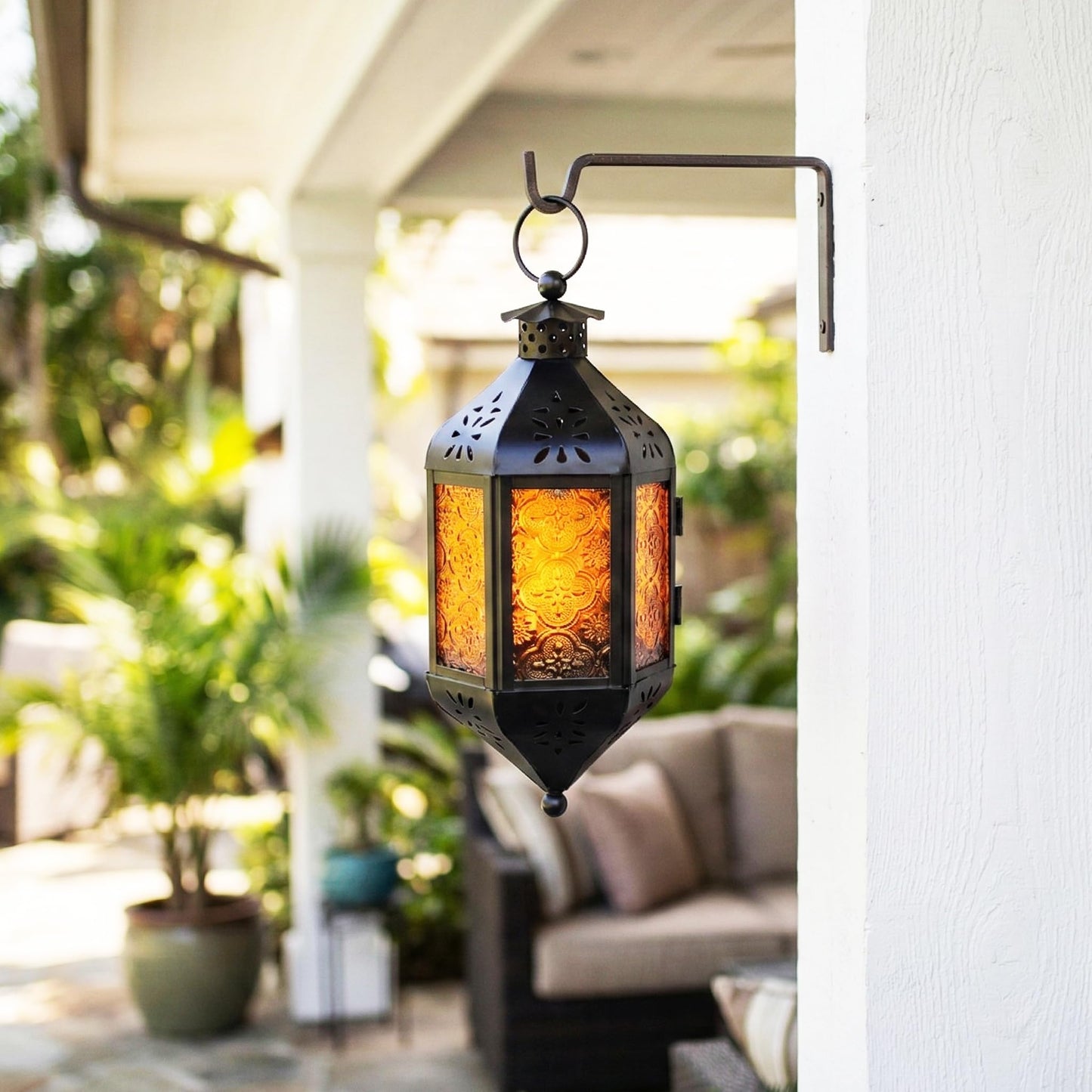 Vela Lanterns Hanging Moroccan Lamp - Exotic Decorative Patio & Porch Decor, Indoor Outdoor Tea Light Candle Lantern Holder with Chain (11" Medium, Amber Glass, 3-Pack)