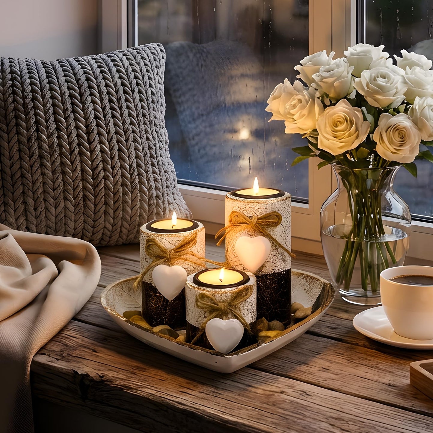 Teeloray Farmhouse Candle Holders 3 Pack Rustic Wooden Pillar Candle Holder with Heart Tray and Stones Tealight Candles Holders Farmhouse Centerpiece for Coffee Table Mothers Day Valentines Home Decor