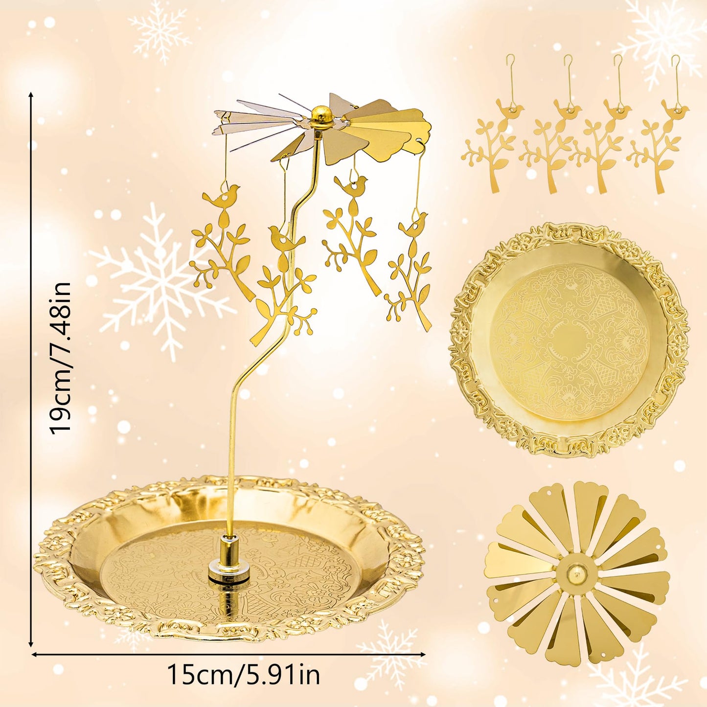Rancco Spinning Candle Holder with Tray, Gold Candle Carousel, Heat-Powered Metal Candlestick Holders for Table Centerpiece, Wedding, Christmas, Valentine's Day, Party Decor (Bird on a Branch)