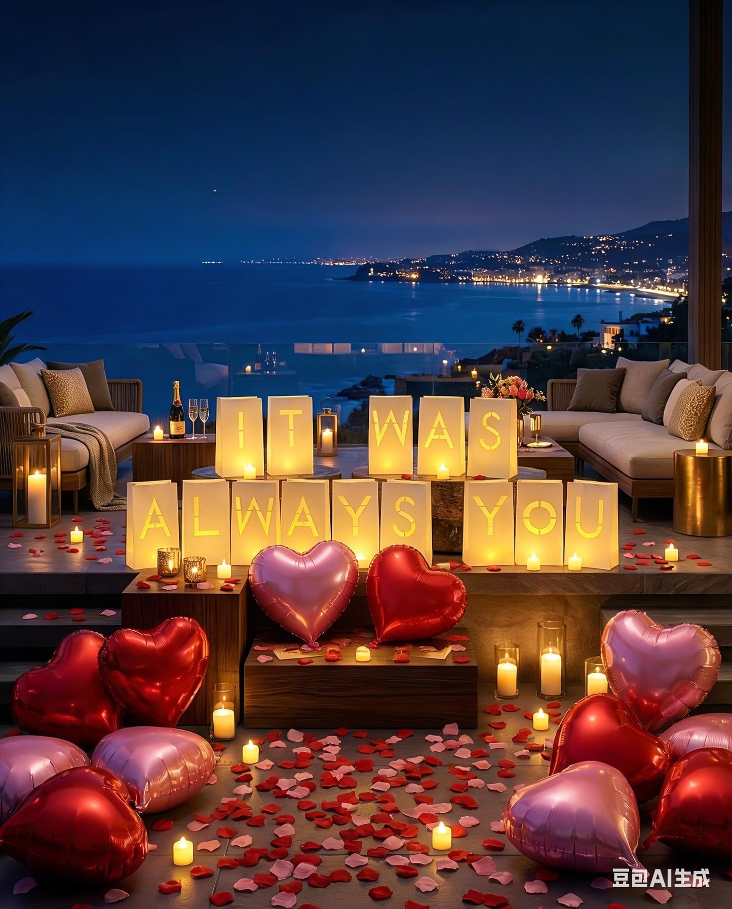 JZLiner It was Always You Light Up Letters Include Romantic Fake Rose Petals and LED Candles Heart Balloons Set Decorations