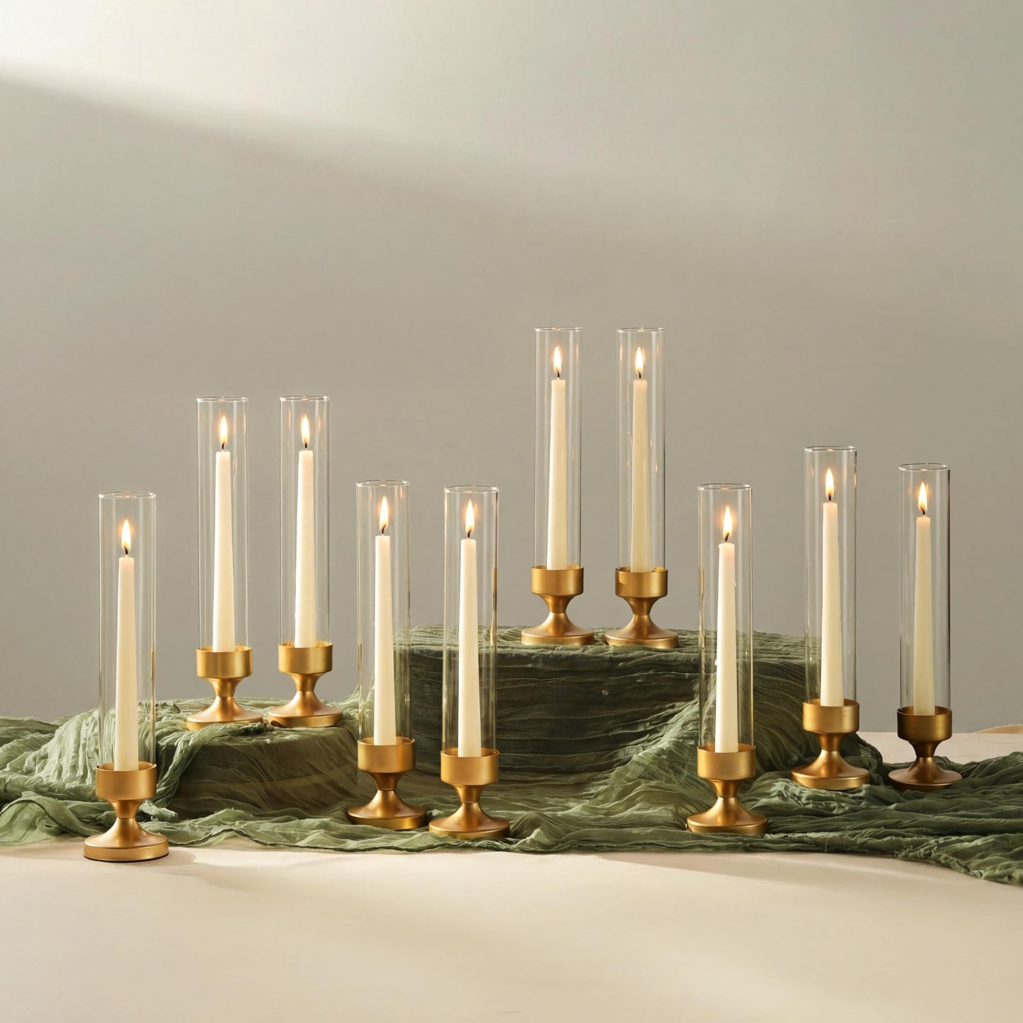 NUPTIO Hurricane Glass Candle Holder: Set of 10 Metal Taper Candle Holders with Sleeves - Gold Candlestick Holders Bulk for Outdoor Party Wedding Table Centerpiece Decoration