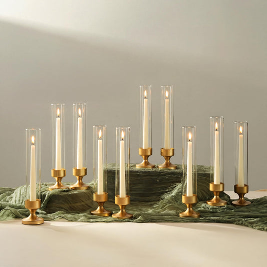 NUPTIO Hurricane Glass Candle Holder: Set of 10 Metal Taper Candle Holders with Sleeves - Gold Candlestick Holders Bulk for Outdoor Party Wedding Table Centerpiece Decoration