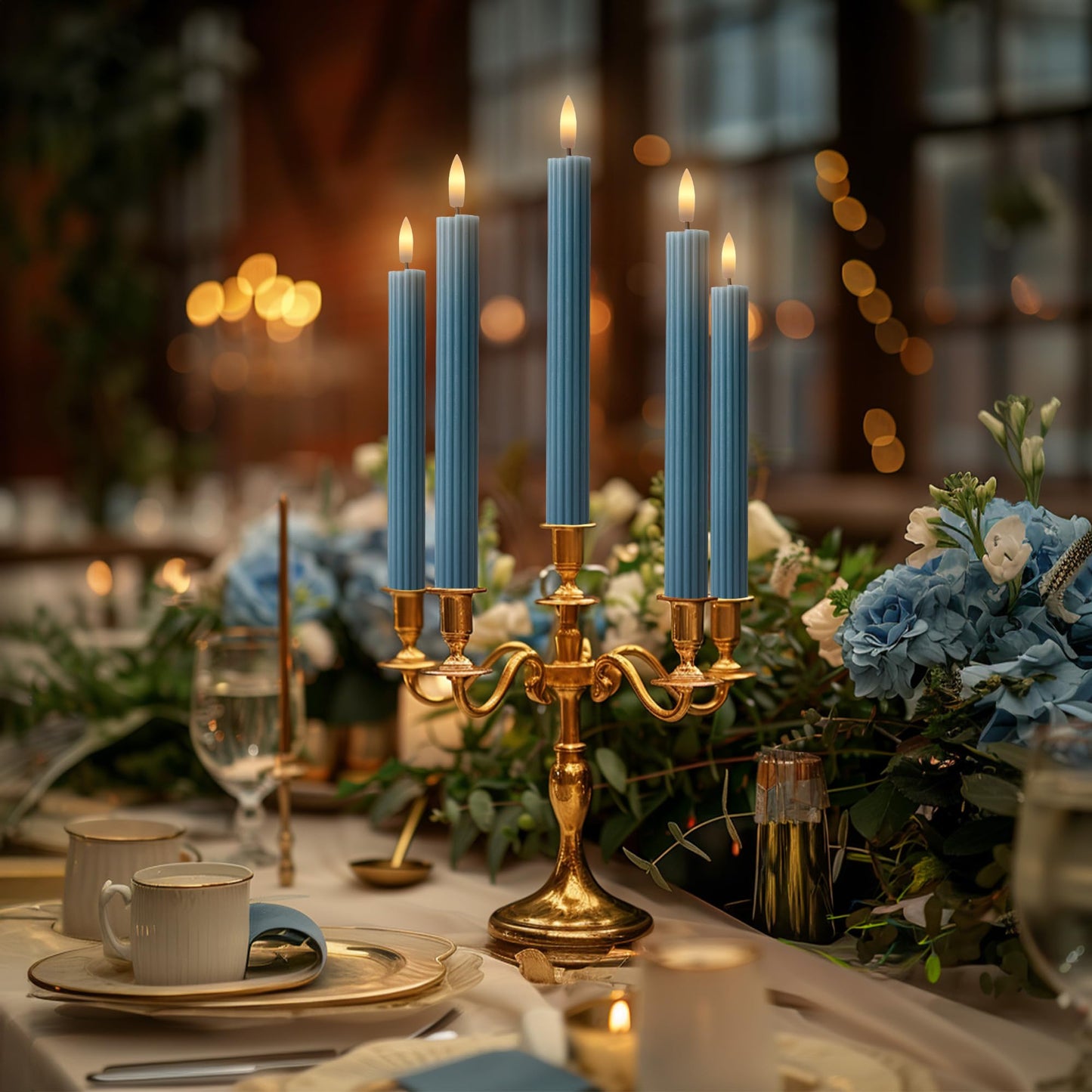 West Ivory 6 Pack, 10" LED Flameless Blue Fluted Ribbed Grooved Taper Candles, Remote & 24h Timer Memory, On/Off Button, Dimmable, Flicker Mode, Battery Operated, Christmas Menorah Wedding