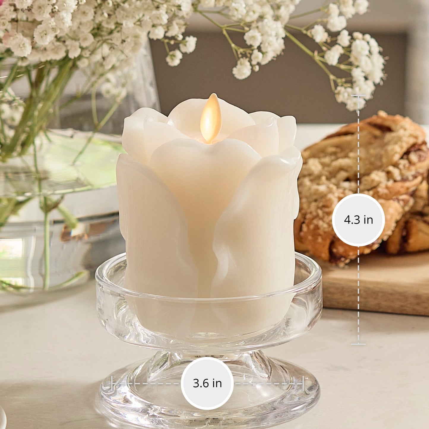 Luminara Snow White Rose Flameless Candle - 3.6" x 4.3" Rosebud Pillar - Real Flame Technology w/Flickering LED Light - Perfect for Mother's Day
