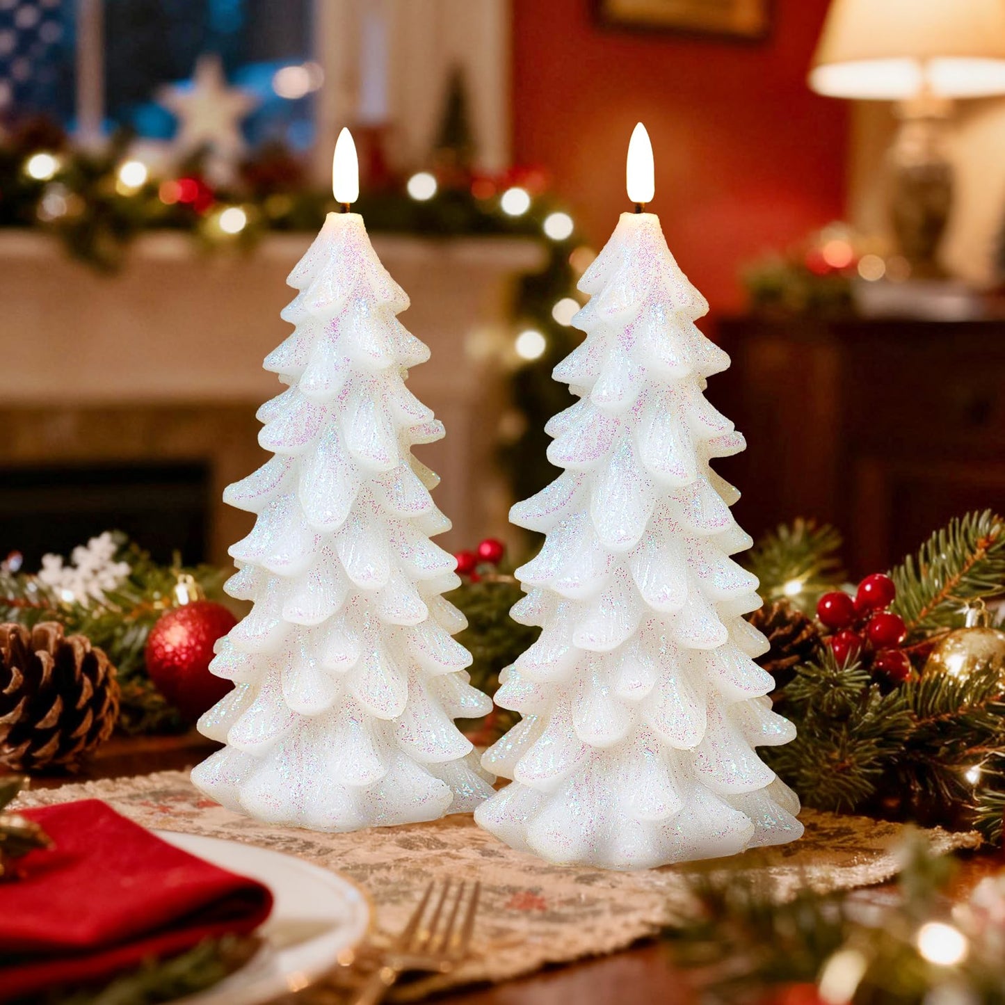 Lumeavetra Glittering Christmas Tree Shaped Flameless Candles, Flickering Real Wax Battery Operated LED Candles with Timer for Holiday Home Party Decorations, Set of 2