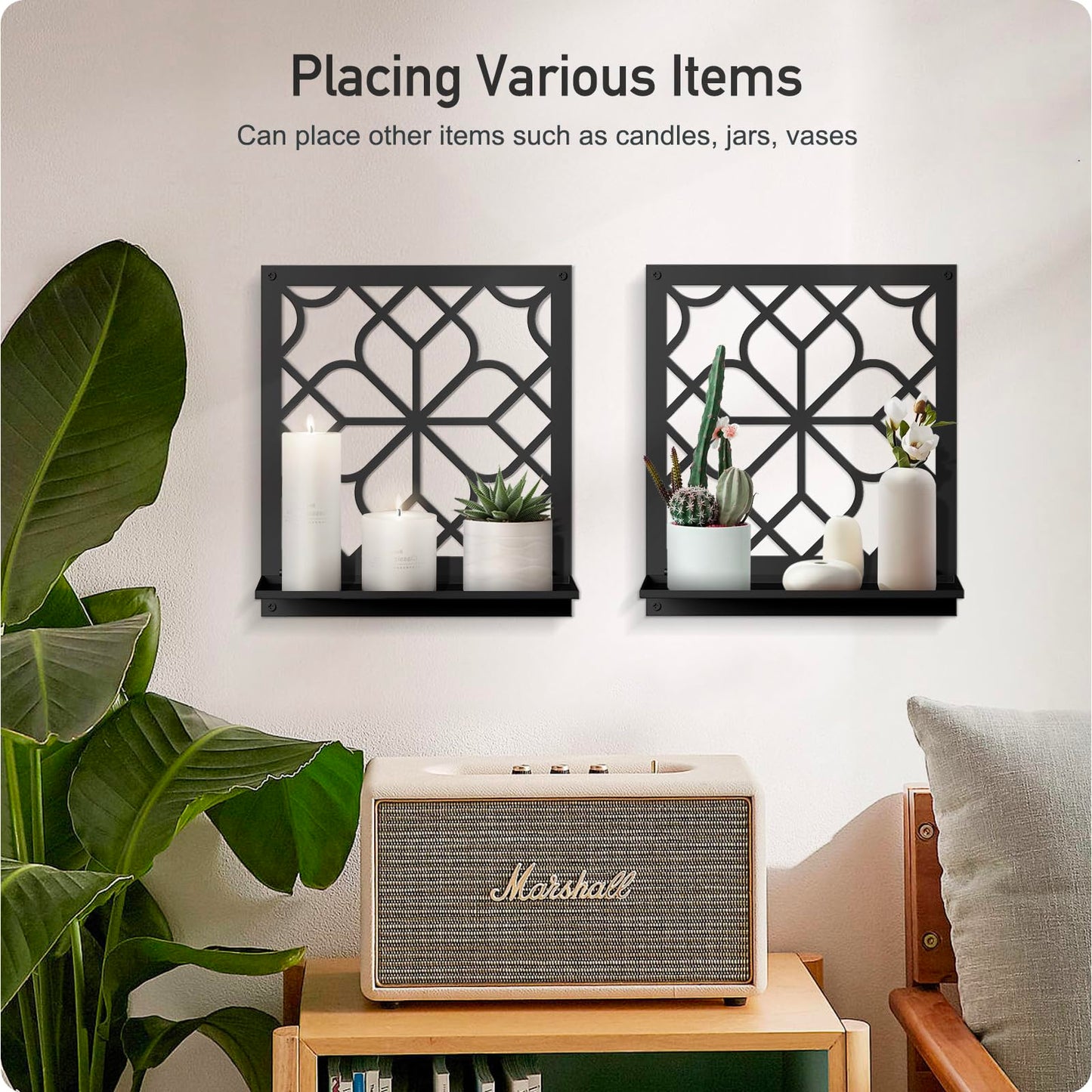 Black Metal Wall Candle Holder Set of 2, Square Rustic Farmhouse Bathroom Wall Decor, Modern Boho Aesthetics Line Art for Entryway, Hallway, Living Room, Bedroom (11.8 x 13 in)
