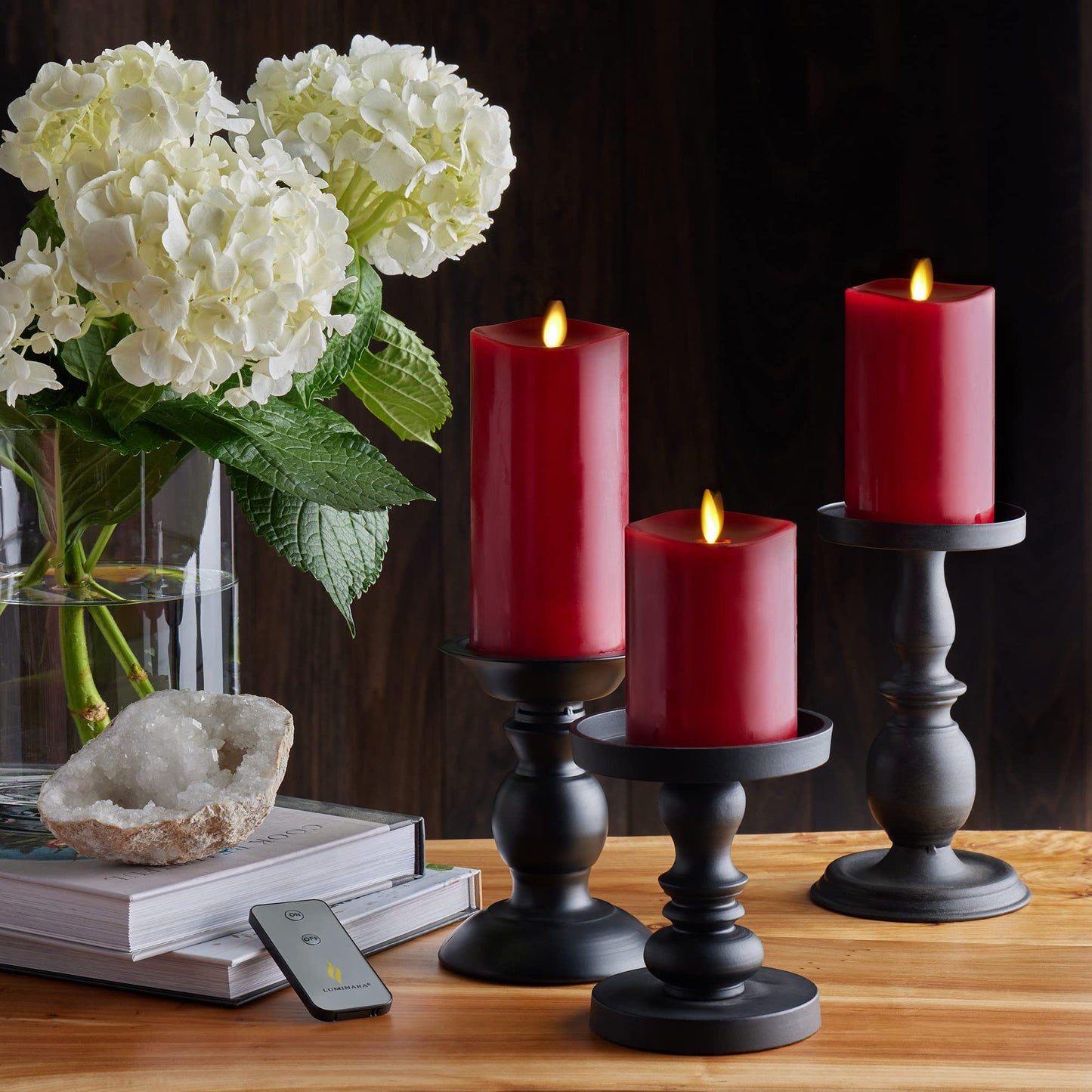 Luminara Flameless Flickering Melted Edge 3" x 6.5" Candle, Battery Operated & Timer Function, Remote Ready (Sold Separately), Unscented Paraffin Burgundy Wax LED Light Pillar, Christmas Holiday Décor
