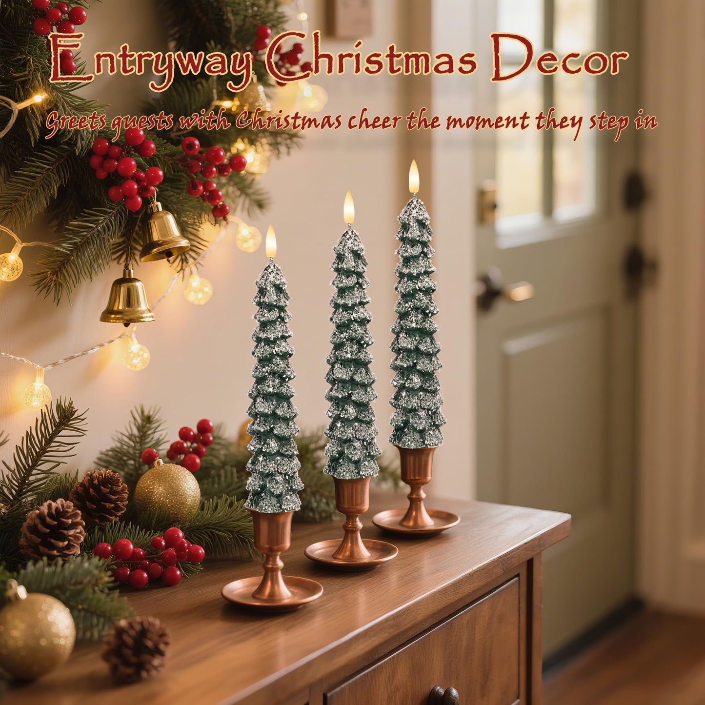 Christmas Tree Flameless Taper Candles with Remote 3 Packs, Battery Operated Real Wax LED Candlesticks with 3D Flickering Flame, Perfect for Holiday, Christmas and Home Decor, Green with Snowflake