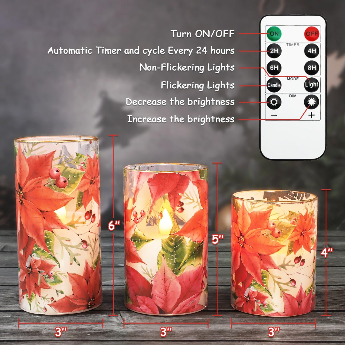 Crystal Club Red Poinsettia Christmas Flameless Candles with Remote, Battery Operated LED Pillar Candles, Real Wax & Glass 3D Flickering Flame Holiday Decor for Christmas, Mantel, Gift (Set of 3)