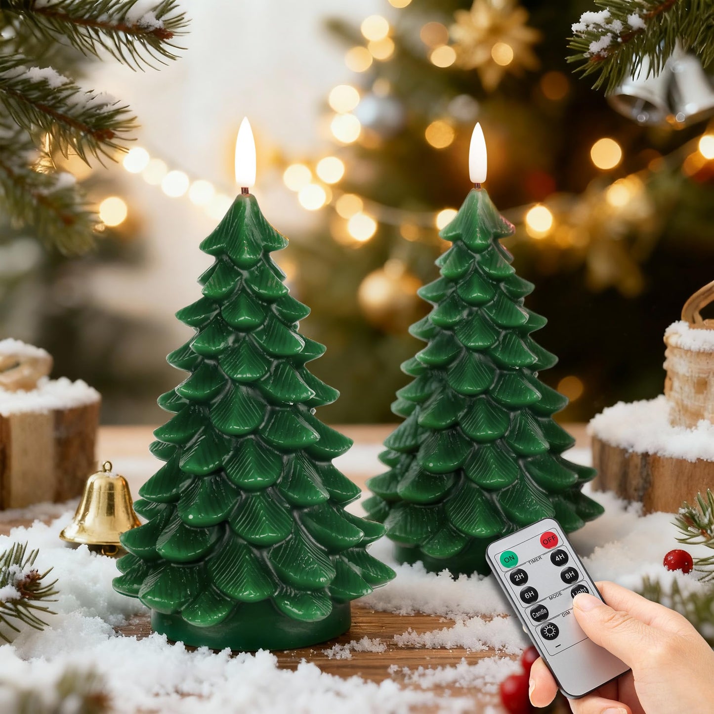 JOIONE Christmas Tree Flameless Candles with Remote Timer, Battery Operated Flickering Candles, LED Real Wax Candles for New Year Celebration, Christmas Decor, Set of 2, Green (3.15" X 7.48")