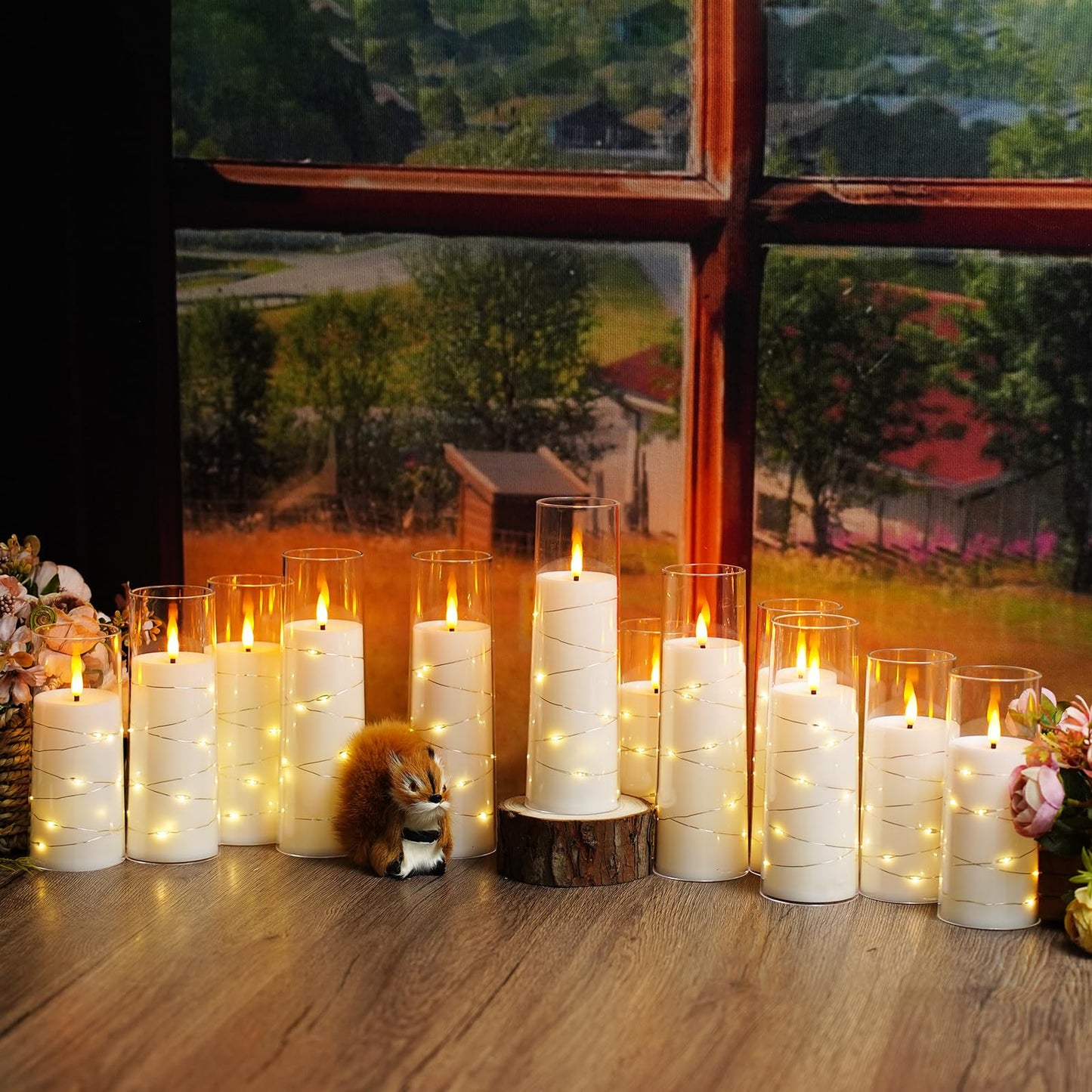 Flameless Candles with Embedded Star String, 12 Pcs Battery Operated LED Pillar Candles with Remote and Timer, Suitable for Home Decor, Party, Christmas & Wedding (White)