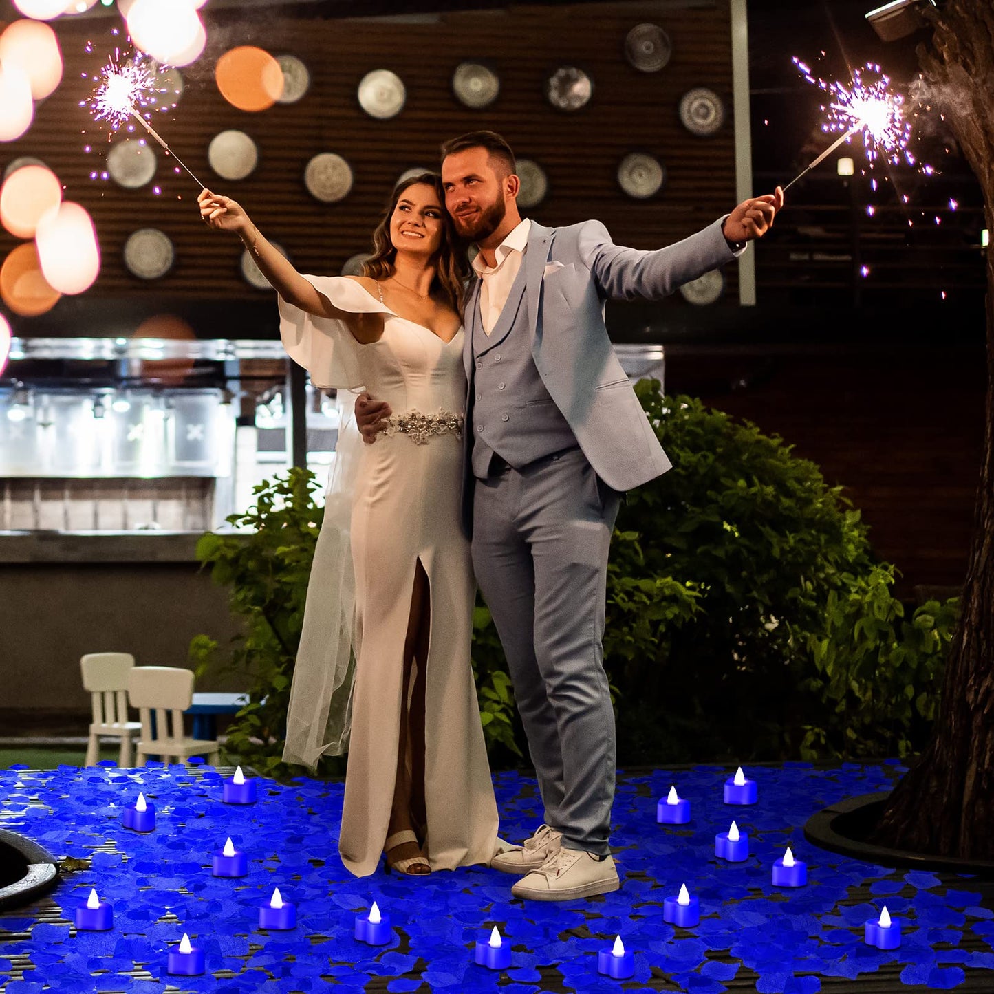 Coume 120 Pcs Romantic LED Heart-Shaped Candles with 6000 Rose Petals Set, Perfect for Weddings Anniversaries, Proposal, Date, Valentine's Day, Hotel, Battery-Operated, Reusable (Blue Light)