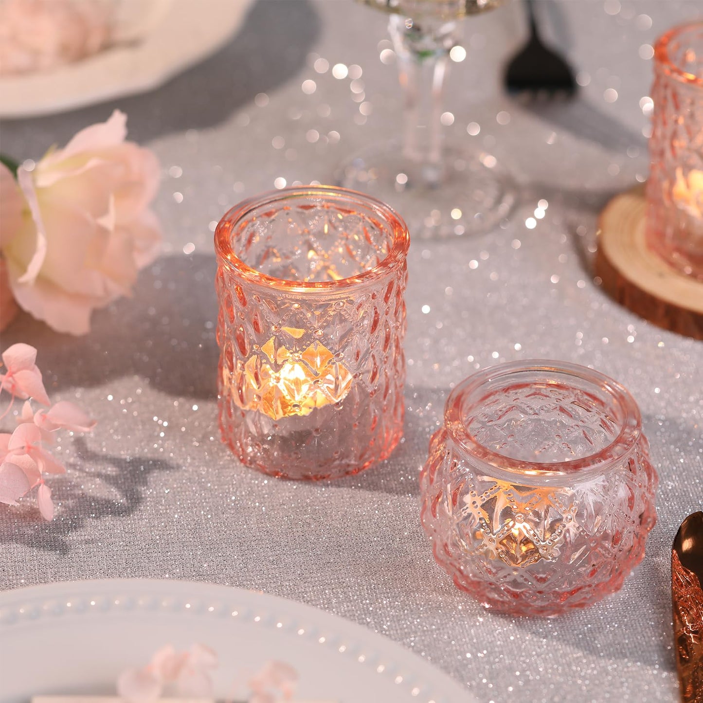 DARJEN Pink Votive Candle Holders Set of 24- Round Glass Candle Holders Bulk for Flameless LED Tea Waxes, Romantic Candle Holder for Wedding & Various Parties, Home Table Decor