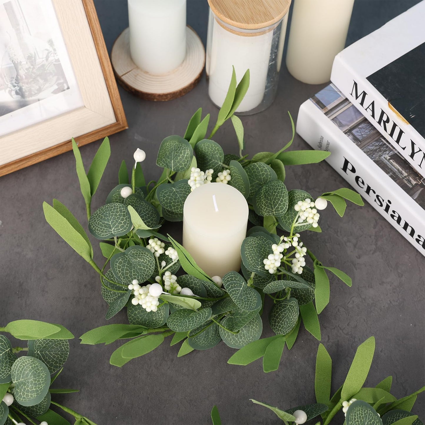 6 Pcs Green Artificial Eucalyptus Candle Rings Wreaths Mini Green Summer Kitchen Cabinet Wreath Table Centerpieces with White Berry for Pillars Farmhouse Porch Front Door Wedding Decor