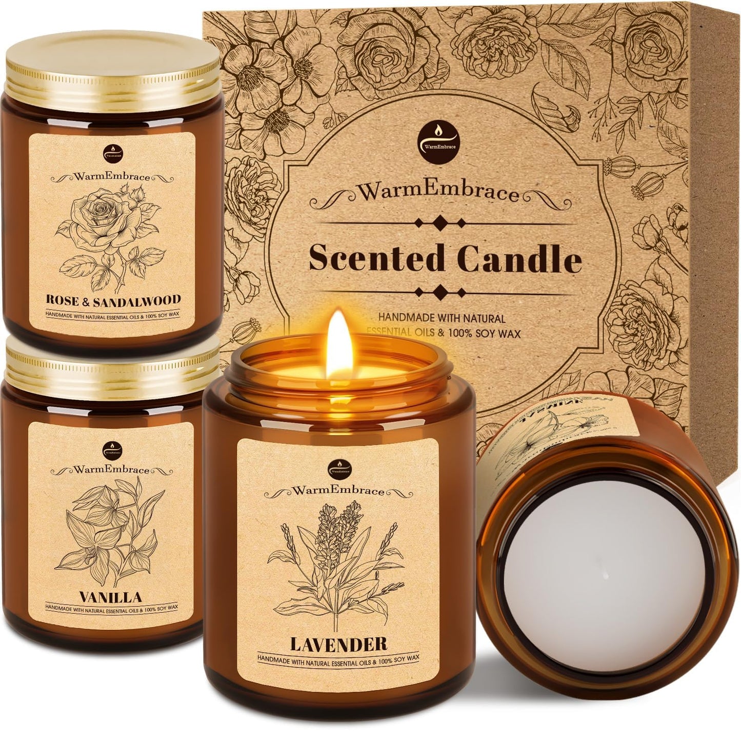 WarmEmbrace Lavender Candles, 4-Pack Scented Candle Set for Women, 7.6 oz Natural Organic Soy Wax in Glass Jar, 160 Hours Long-Lasting Burn, Perfect for Mother's Day, Birthday Gifting (4 Fragrance)