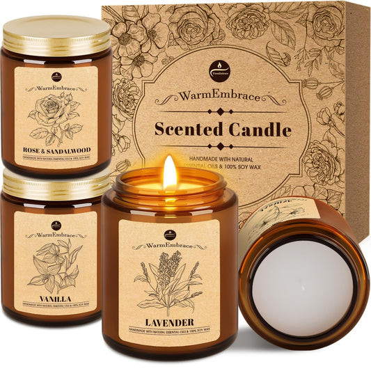 WarmEmbrace Lavender Candles, 4-Pack Scented Candle Set for Women, 7.6 oz Natural Organic Soy Wax in Glass Jar, 160 Hours Long-Lasting Burn, Perfect for Mother's Day, Birthday Gifting (4 Fragrance)