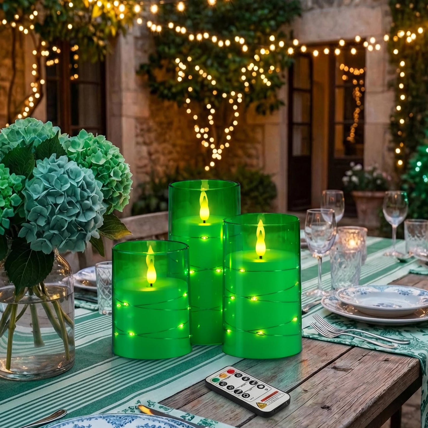 Homemory St. Patrick's Day Flameless Candles with Embedded Star String Fairy Lights, Green Battery Operated Candles, LED Candle, Fake Candles with Remote Control and Timer, Set of 3(H 4" 5" 6”)