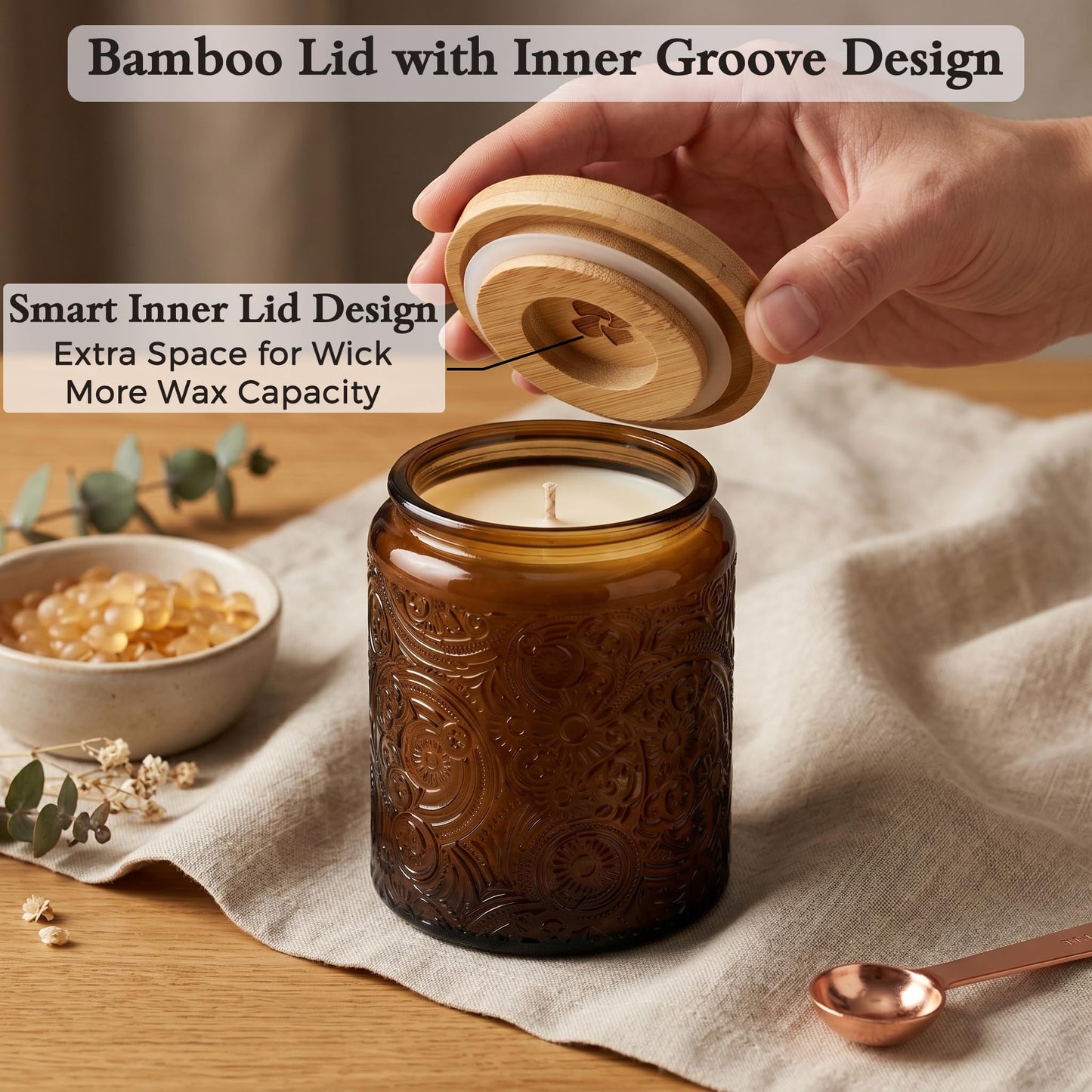 9-Pack 8oz Embossed Glass Candle Container with Bamboo Lids and Labels, Amber Candle Jars for Making Candles, Sun Moon Star Design