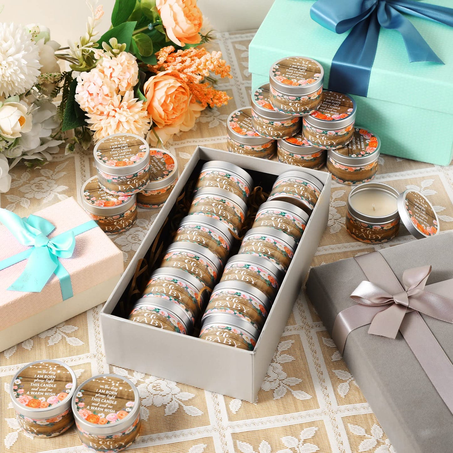 MTLEE 24 Pcs Wood Grain Baby Shower Party Favors Candles Lavender Scented Baby Shower Favors for Guests Rustic Tealights Candles Gender Reveal Return Gifts(1.2 Oz, Khaki)