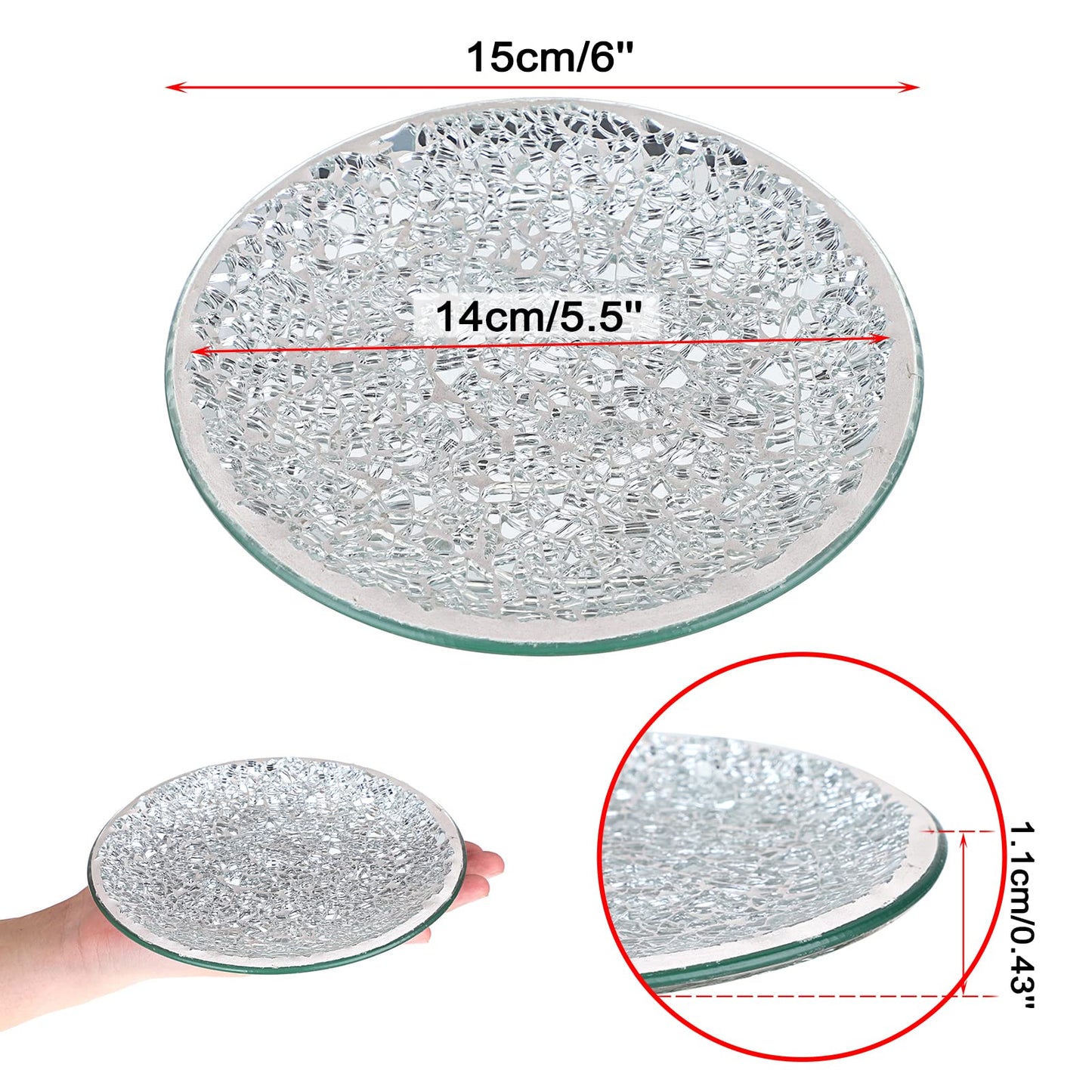 OwnMy 2PCS Mosaic Glass Pillar Candle Holder Plates and Trays, 6 Inch Glass Mosaic Candle Bases Coasters Decorative Pillar Candle Stands for Wedding Table Centerpiececs, Silver