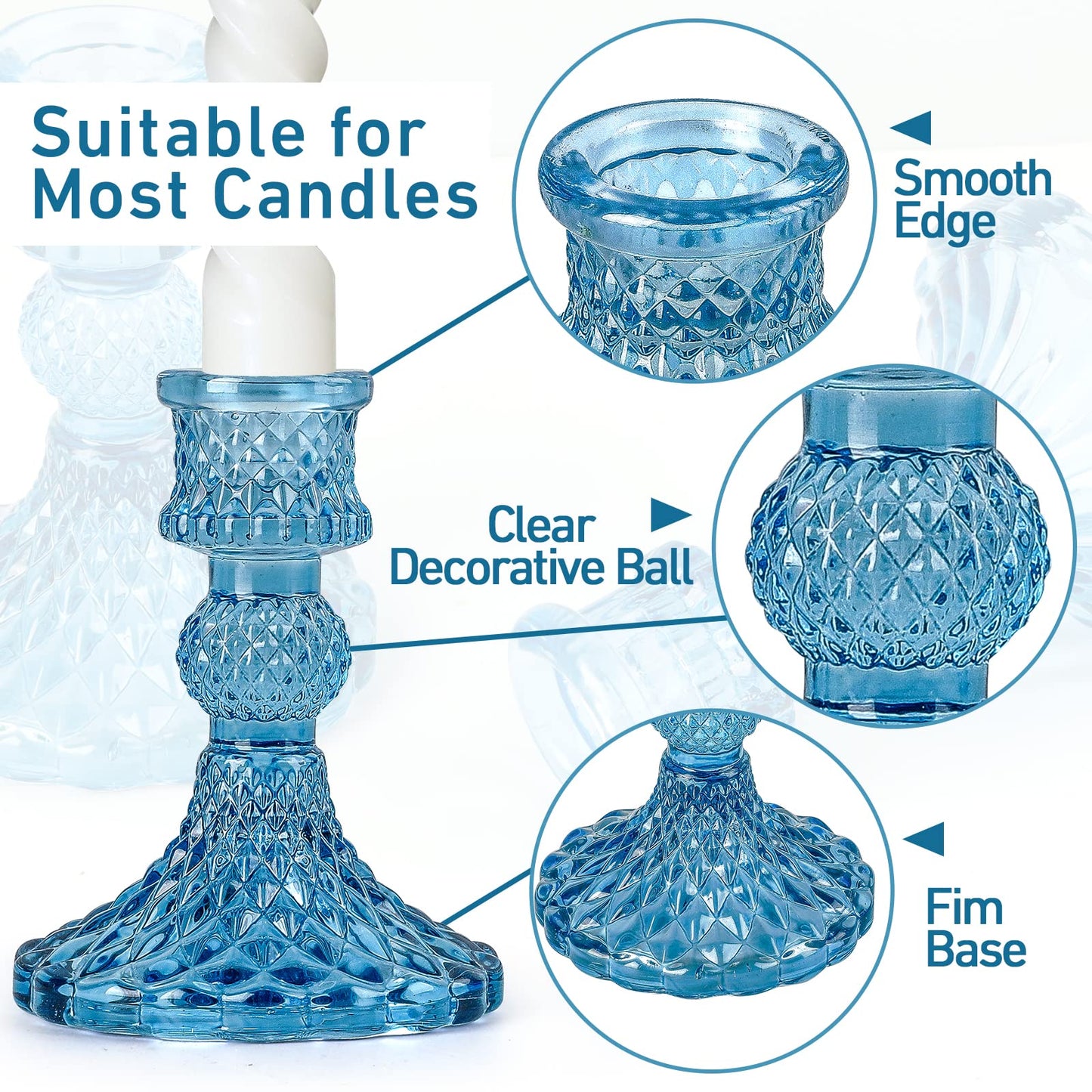 Blue Glass Candlestick Holders,Set of 8 Include Taper Candle Holders and Stripe Candle Holders,Two Style for Formal Events, Wedding, Festival,Church, Party & Festival Decoration