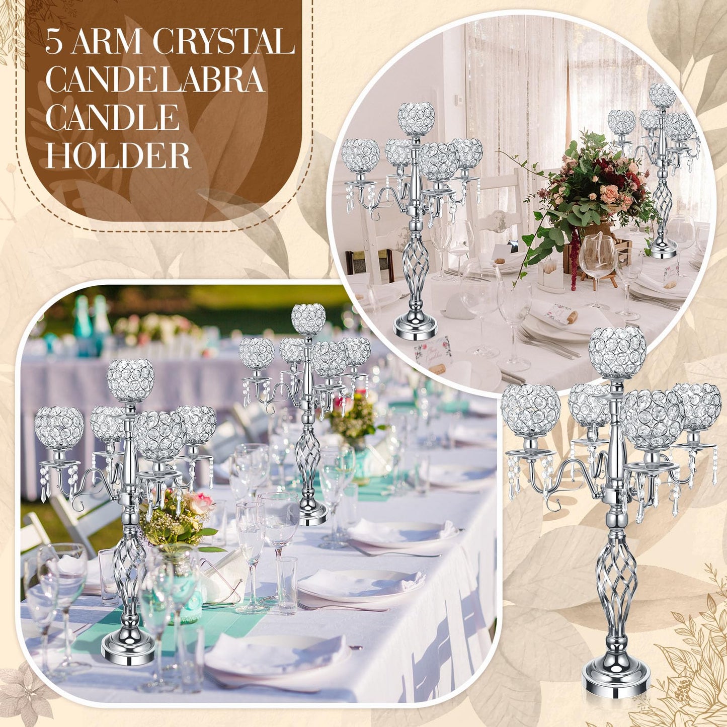 Nitial 4 Pcs 5 Arm Crystal Candelabra Centerpieces for Table 27 Inch Retro Victorian Crystal Candle Holders Bowl Table Centerpieces Decor for Wedding Banquet Valentine Dinner Party Event (Silver)