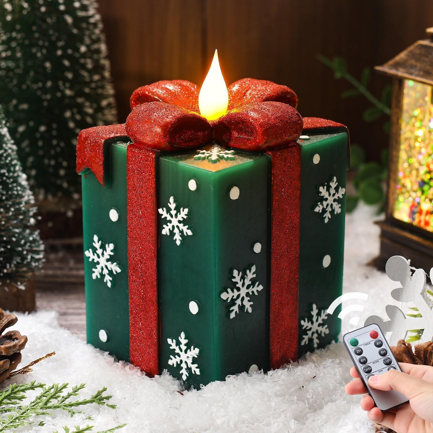 LCZLUMIPRO Elegant Gift Box Flameless Candle with Remote Timer - Green Hand-Painted Real Wax LED Candle, Battery Operated for Christmas, Home, Party Decor