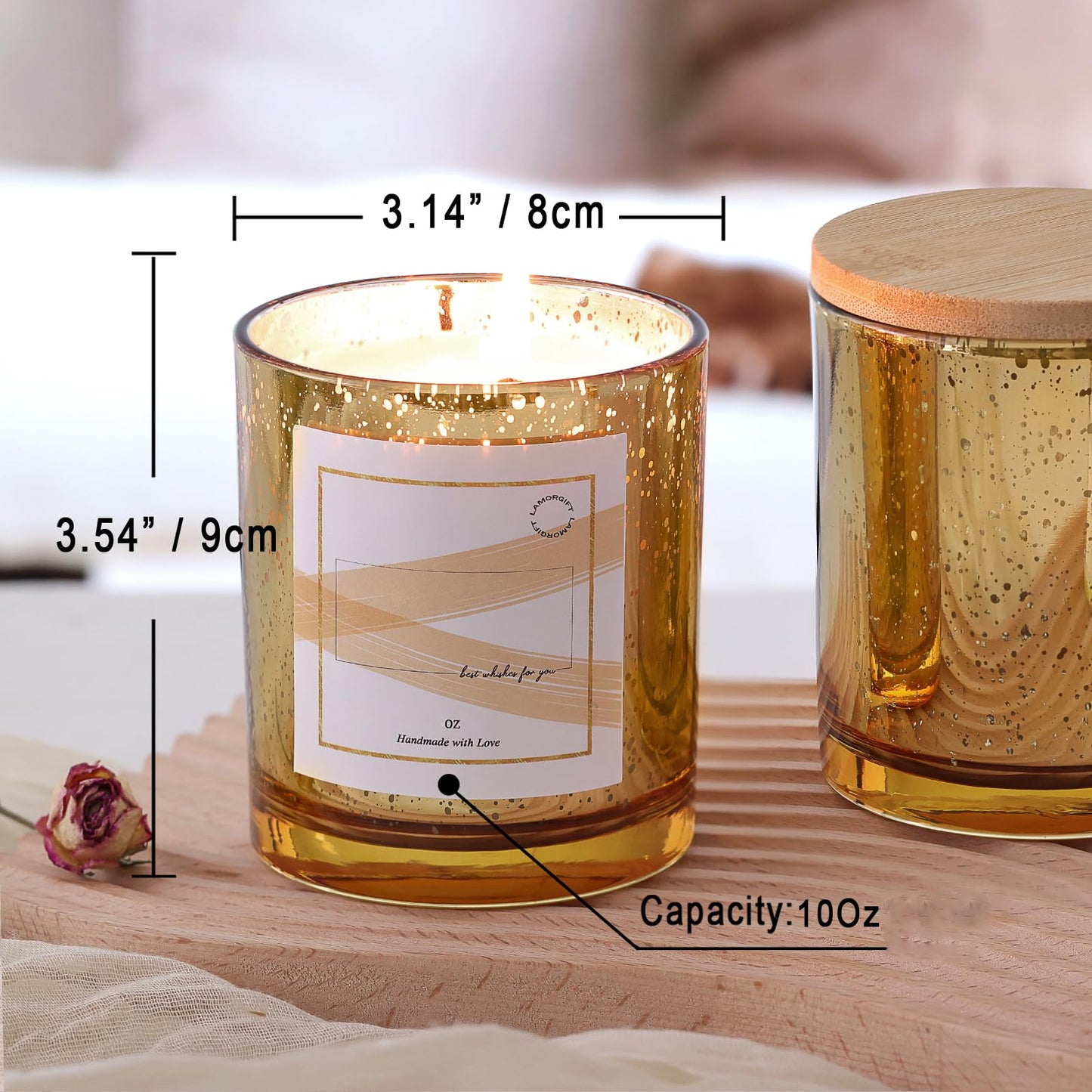 LAMORGIFT 12 Pack Gold Mercury Glass Candle Jars (10oz) with Lids - Candle Makes Accessory Set Including 15 Labels