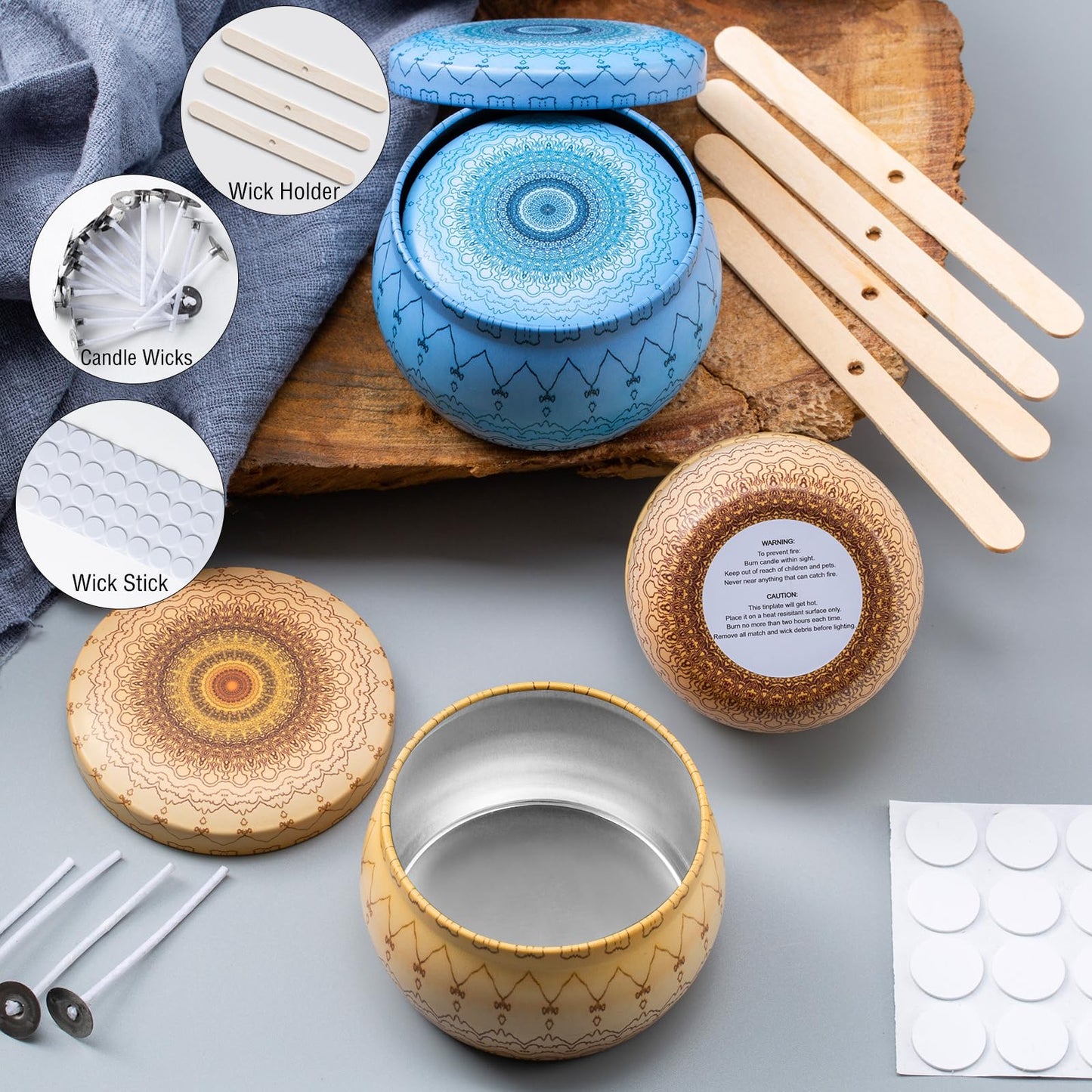 Domivirgo Candle Tins with Lid,16pcs 8 Designs Tinplate Cans with Wicks, Wick Holders, Wick Stickers for Candle Making(2.5oz X 8 PCS &4.5oz X 8 PCS)